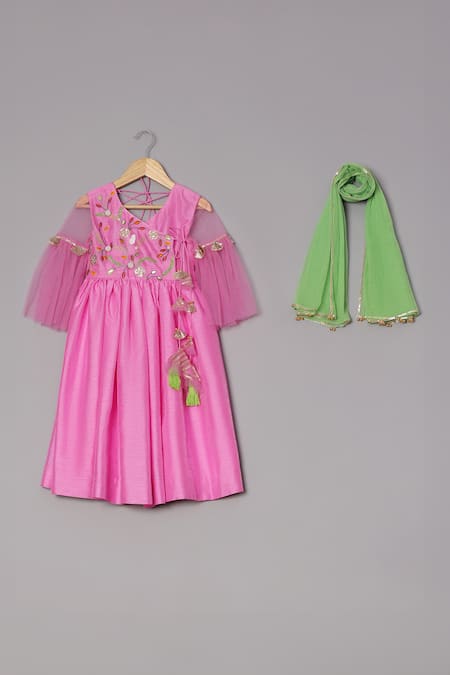 Shop_Turqidz By Shweta Aggarwal_Pink Net, Denim, Crepe Tassels Embroidered Angarkha Anarkali With Dupatta _Online_at_Aza_Fashions