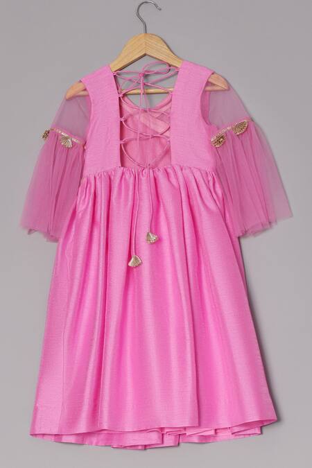 Turqidz By Shweta Aggarwal_Pink Net, Denim, Crepe Tassels Embroidered Angarkha Anarkali With Dupatta _at_Aza_Fashions