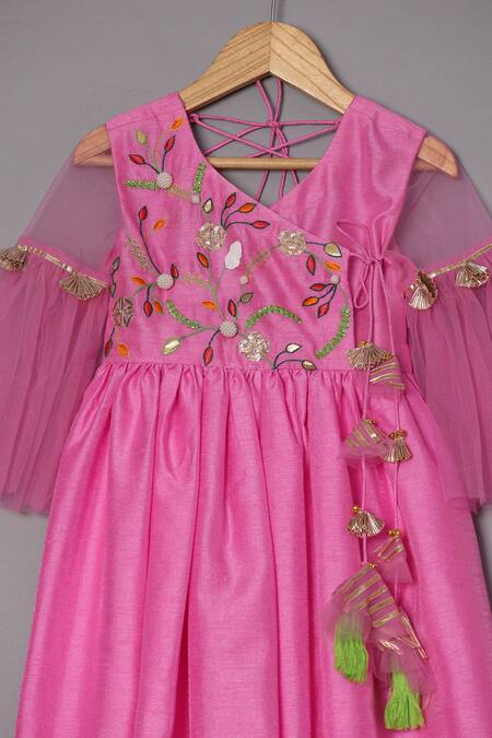 Buy_Turqidz By Shweta Aggarwal_Pink Net, Denim, Crepe Tassels Embroidered Angarkha Anarkali With Dupatta 