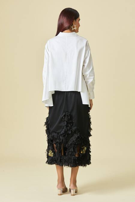 Shop_AK-OK_White Embellished Skirt Coins Collared Asymmetric Shirt And Ruffled Set _at_Aza_Fashions