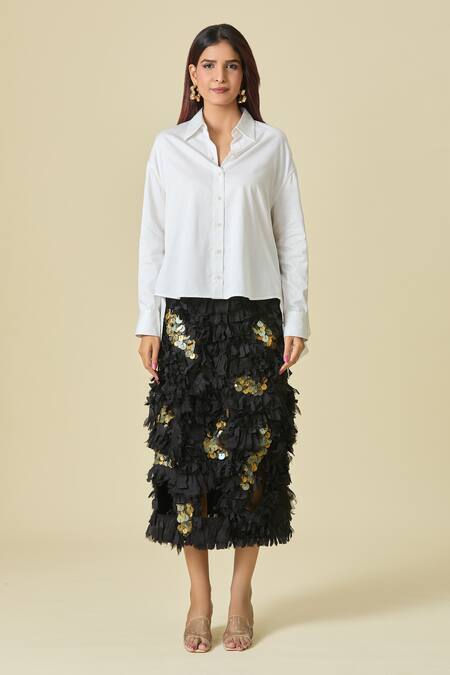 AK-OK_White Embellished Skirt Coins Collared Asymmetric Shirt And Ruffled Set _Online_at_Aza_Fashions