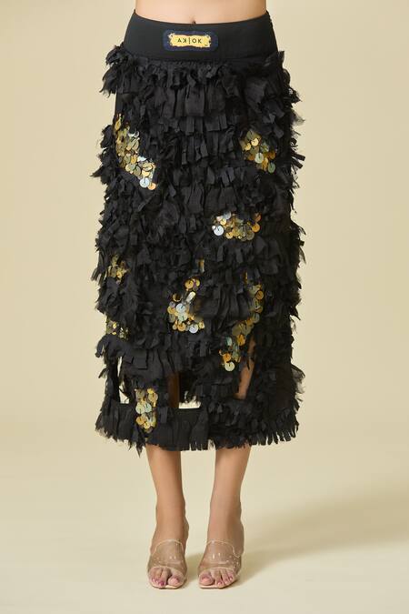 Buy_AK-OK_White Embellished Skirt Coins Collared Asymmetric Shirt And Ruffled Set _Online_at_Aza_Fashions