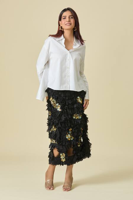 Shop_AK-OK_White Embellished Skirt Coins Collared Asymmetric Shirt And Ruffled Set _Online_at_Aza_Fashions