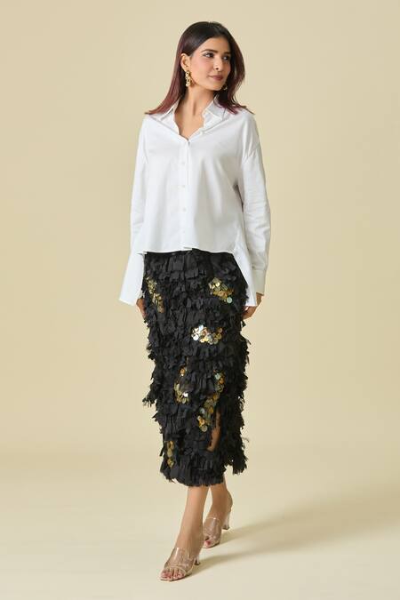 AK-OK_White Embellished Skirt Coins Collared Asymmetric Shirt And Ruffled Set _at_Aza_Fashions