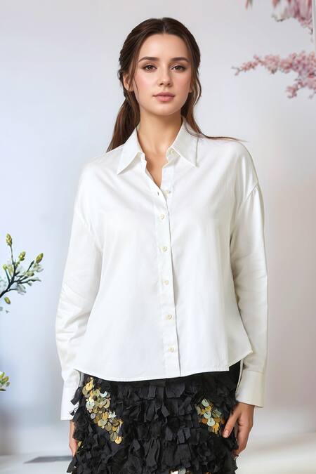 Buy_AK-OK_White Embellished Skirt Coins Collared Asymmetric Shirt And Ruffled Set 