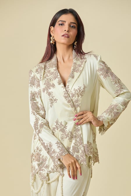 Anamika Khanna_Ivory Silk Embroidery, Zari Floral Zardozi Blazer And Pant Set_Online_at_Aza_Fashions