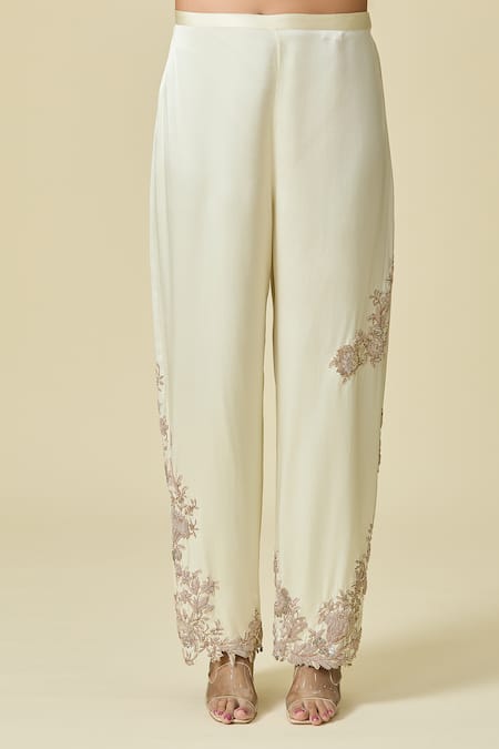 Buy_Anamika Khanna_Ivory Silk Embroidery, Zari Floral Zardozi Blazer And Pant Set_Online_at_Aza_Fashions