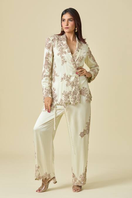 Shop_Anamika Khanna_Ivory Silk Embroidery, Zari Floral Zardozi Blazer And Pant Set_Online_at_Aza_Fashions