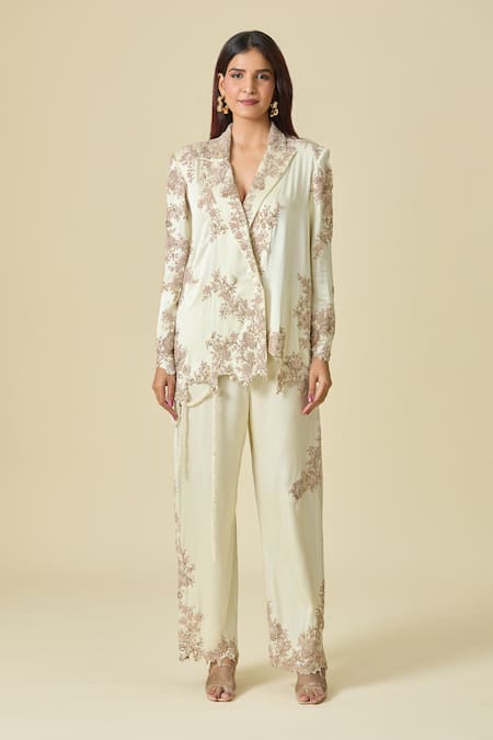Buy_Anamika Khanna_Ivory Silk Embroidery, Zari Floral Zardozi Blazer And Pant Set