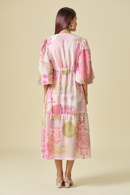 Shop Pankaj & Nidhi Pink Cotton V-neck Floral Print Midi Dress at Aza Fashions Shop_Pankaj & Nidhi_Pink Cotton V-neck Floral Print Midi Dress _at_Aza_Fashions