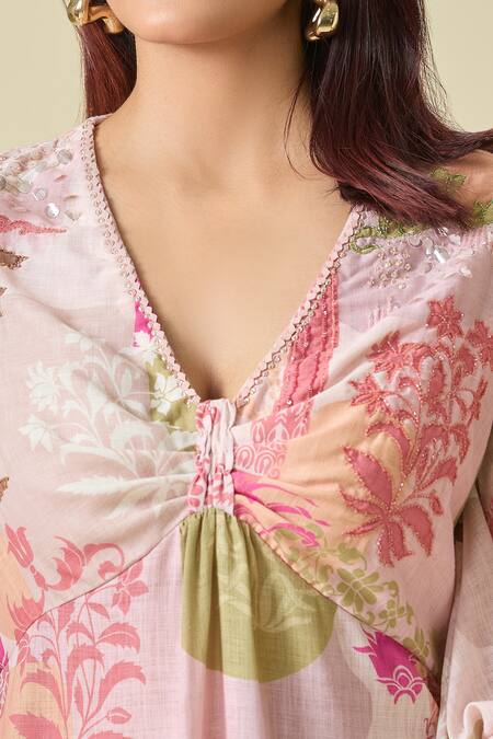 Pankaj & Nidhi Pink Cotton V-neck Floral Print Midi Dress Online at Aza Fashions Pankaj & Nidhi_Pink Cotton V-neck Floral Print Midi Dress _Online_at_Aza_Fashions