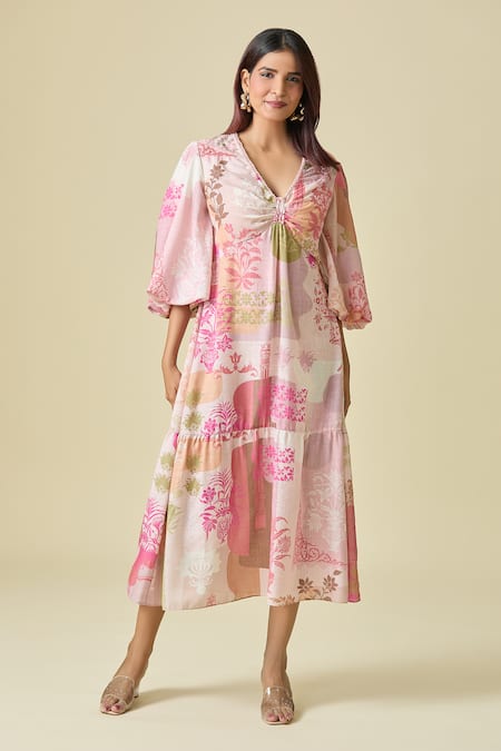 Buy Pankaj & Nidhi Pink Cotton V-neck Floral Print Midi Dress Online at Aza Fashions Buy_Pankaj & Nidhi_Pink Cotton V-neck Floral Print Midi Dress _Online_at_Aza_Fashions