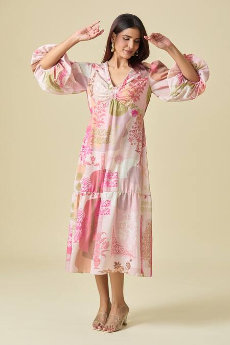 Shop Pankaj & Nidhi Pink Cotton V-neck Floral Print Midi Dress Online at Aza Fashions Shop_Pankaj & Nidhi_Pink Cotton V-neck Floral Print Midi Dress _Online_at_Aza_Fashions