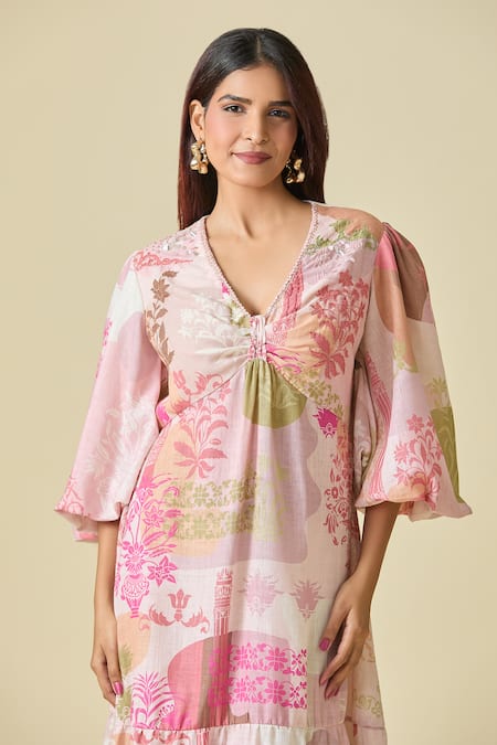 Pankaj & Nidhi Pink Cotton V-neck Floral Print Midi Dress at Aza Fashions Pankaj & Nidhi_Pink Cotton V-neck Floral Print Midi Dress _at_Aza_Fashions