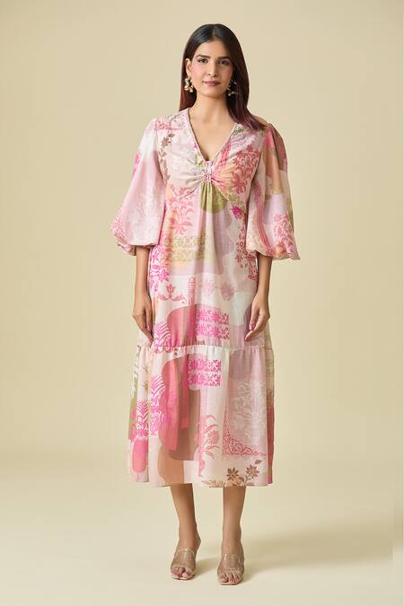 Buy Pankaj & Nidhi Pink Cotton V-neck Floral Print Midi Dress Buy_Pankaj & Nidhi_Pink Cotton V-neck Floral Print Midi Dress
