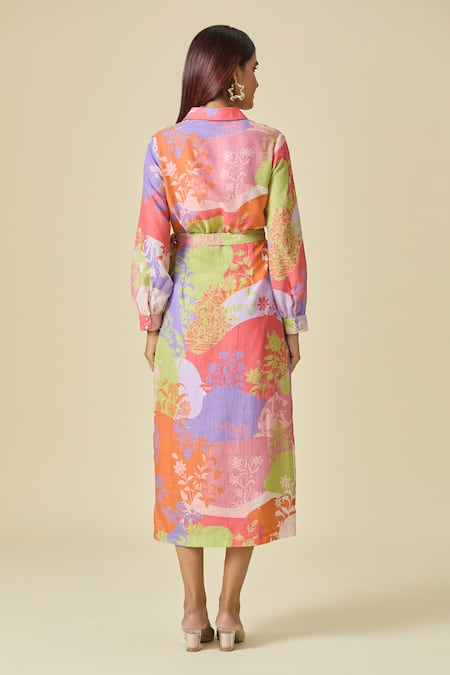 Shop Pankaj & Nidhi Multi Color Sequins, Embroidery Collared Floral Print Midi Dress at Aza Fashions Shop_Pankaj & Nidhi_Multi Color Sequins, Embroidery Collared Floral Print Midi Dress _at_Aza_Fashions