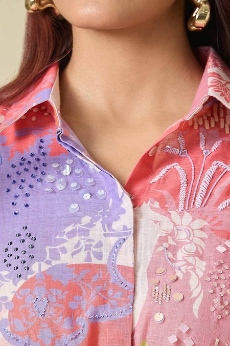 Pankaj & Nidhi Multi Color Sequins, Embroidery Collared Floral Print Midi Dress Online at Aza Fashions Pankaj & Nidhi_Multi Color Sequins, Embroidery Collared Floral Print Midi Dress _Online_at_Aza_Fashions