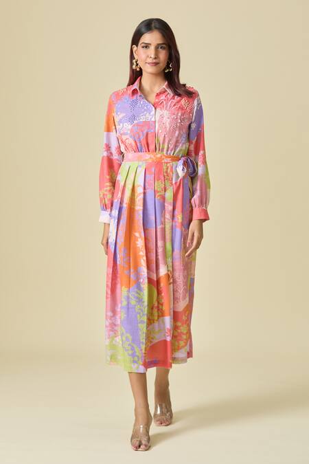 Buy Pankaj & Nidhi Multi Color Sequins, Embroidery Collared Floral Print Midi Dress Online at Aza Fashions Buy_Pankaj & Nidhi_Multi Color Sequins, Embroidery Collared Floral Print Midi Dress _Online_at_Aza_Fashions