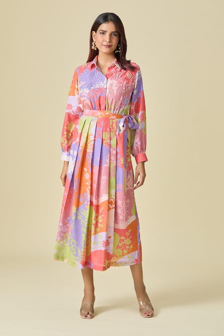 Shop Pankaj & Nidhi Multi Color Sequins, Embroidery Collared Floral Print Midi Dress Online at Aza Fashions Shop_Pankaj & Nidhi_Multi Color Sequins, Embroidery Collared Floral Print Midi Dress _Online_at_Aza_Fashions