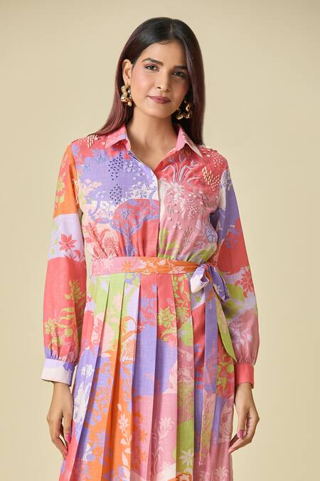 Pankaj & Nidhi Multi Color Sequins, Embroidery Collared Floral Print Midi Dress at Aza Fashions Pankaj & Nidhi_Multi Color Sequins, Embroidery Collared Floral Print Midi Dress _at_Aza_Fashions