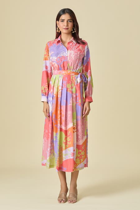 Buy Pankaj & Nidhi Multi Color Sequins, Embroidery Collared Floral Print Midi Dress Buy_Pankaj & Nidhi_Multi Color Sequins, Embroidery Collared Floral Print Midi Dress