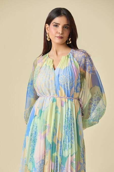 Pankaj & Nidhi Blue Embroidery Split V-neck Pleated Floral Midi Dress With Belt Online at Aza Fashions Pankaj & Nidhi_Blue Embroidery Split V-neck Pleated Floral Midi Dress With Belt _Online_at_Aza_Fashions