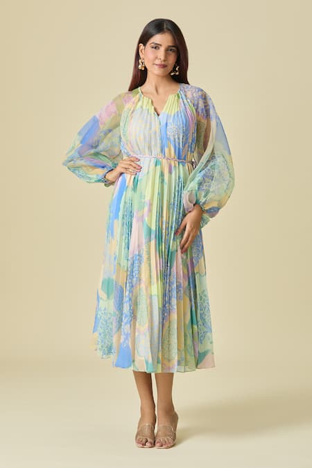 Shop Pankaj & Nidhi Blue Embroidery Split V-neck Pleated Floral Midi Dress With Belt Online at Aza Fashions Shop_Pankaj & Nidhi_Blue Embroidery Split V-neck Pleated Floral Midi Dress With Belt _Online_at_Aza_Fashions