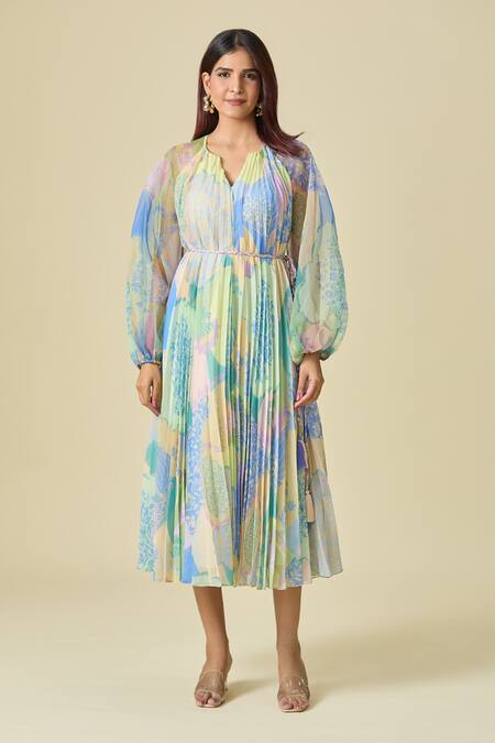 Pankaj & Nidhi Blue Embroidery Split V-neck Pleated Floral Midi Dress With Belt at Aza Fashions Pankaj & Nidhi_Blue Embroidery Split V-neck Pleated Floral Midi Dress With Belt _at_Aza_Fashions