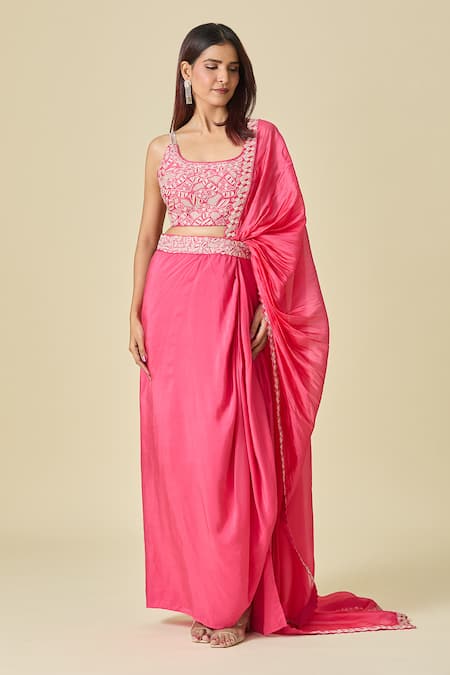 Shop_Punit Balana_Pink Embroidery Scoop Neck Pre-draped Saree With Blouse _Online_at_Aza_Fashions