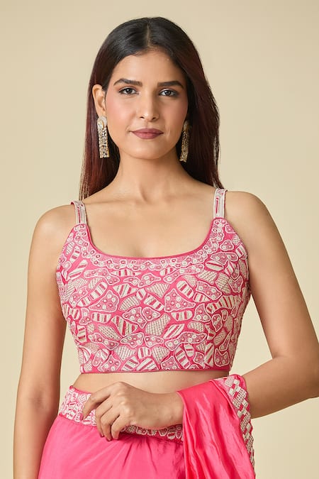 Punit Balana_Pink Embroidery Scoop Neck Pre-draped Saree With Blouse _at_Aza_Fashions