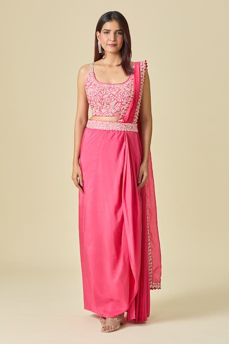 Buy_Punit Balana_Pink Embroidery Scoop Neck Pre-draped Saree With Blouse 