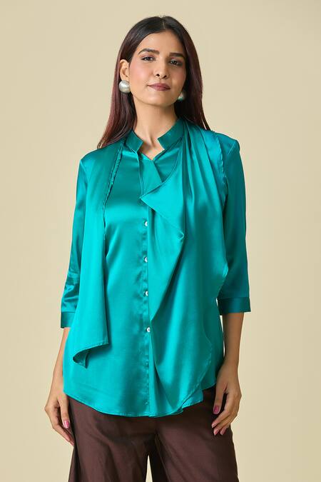 Shweta Kapoor_Blue Plain Collared Neck Scarf Draped Shirt_Online_at_Aza_Fashions