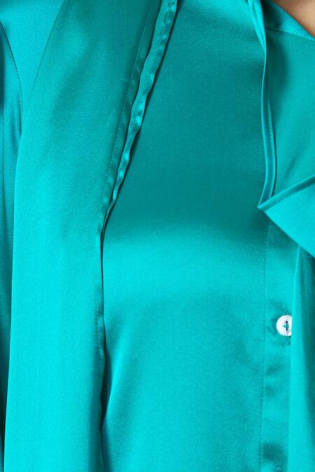 Buy_Shweta Kapoor_Blue Plain Collared Neck Scarf Draped Shirt_Online_at_Aza_Fashions