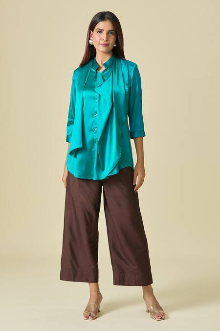 Shop_Shweta Kapoor_Blue Plain Collared Neck Scarf Draped Shirt_Online_at_Aza_Fashions