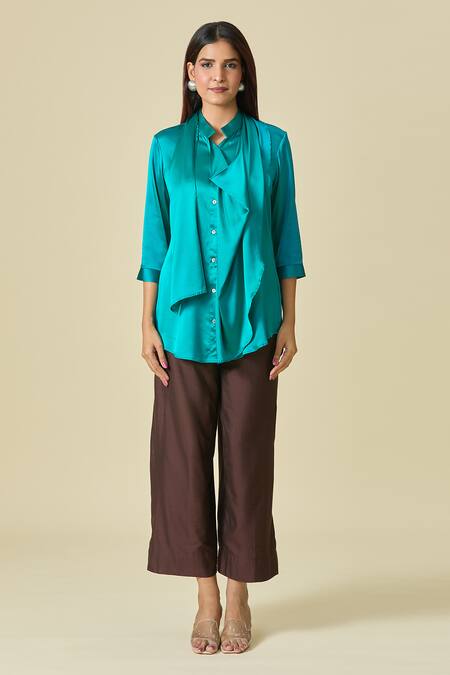 Buy_Shweta Kapoor_Blue Plain Collared Neck Scarf Draped Shirt