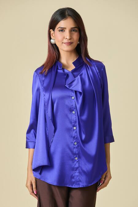 Shweta Kapoor_Blue Collared Scarf Draped Shirt _Online_at_Aza_Fashions