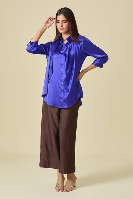 Buy_Shweta Kapoor_Blue Collared Scarf Draped Shirt _Online_at_Aza_Fashions