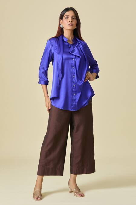 Shop_Shweta Kapoor_Blue Collared Scarf Draped Shirt _Online_at_Aza_Fashions