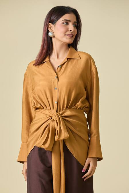 Shweta Kapoor_Brown Cotton Collared Asymmetric Draped Shirt _Online_at_Aza_Fashions