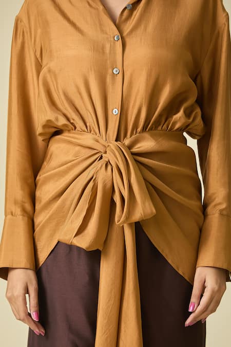 Buy_Shweta Kapoor_Brown Cotton Collared Asymmetric Draped Shirt _Online_at_Aza_Fashions
