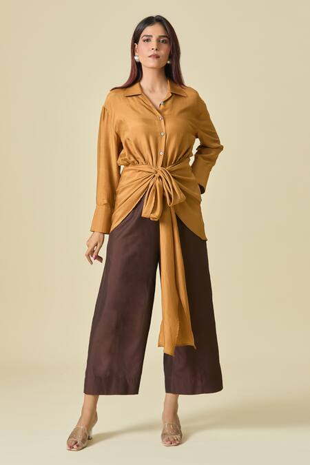 Shop_Shweta Kapoor_Brown Cotton Collared Asymmetric Draped Shirt _Online_at_Aza_Fashions