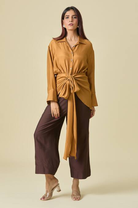 Shweta Kapoor_Brown Cotton Collared Asymmetric Draped Shirt _at_Aza_Fashions