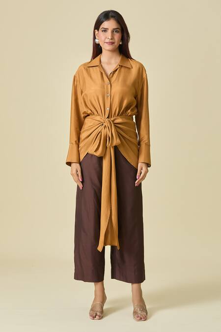 Buy_Shweta Kapoor_Brown Cotton Collared Asymmetric Draped Shirt 