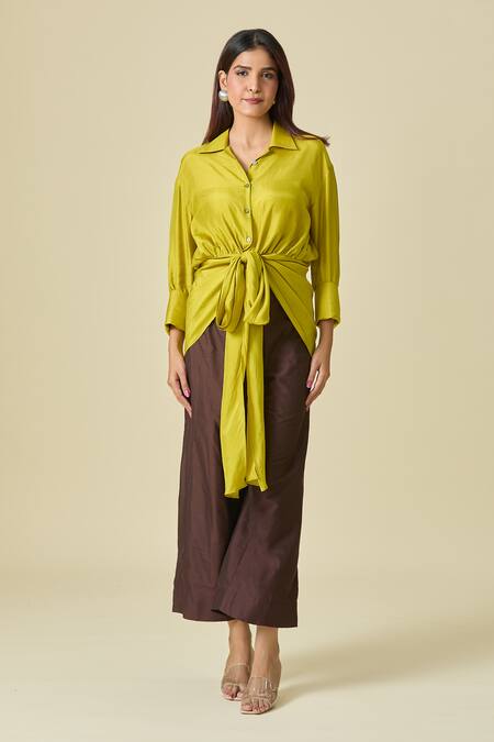 Shweta Kapoor_Green Collared Asymmetric Draped Shirt _Online_at_Aza_Fashions