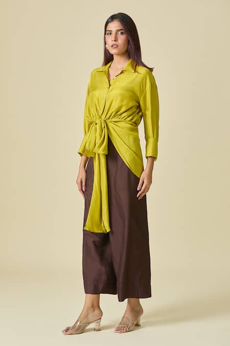 Buy_Shweta Kapoor_Green Collared Asymmetric Draped Shirt _Online_at_Aza_Fashions