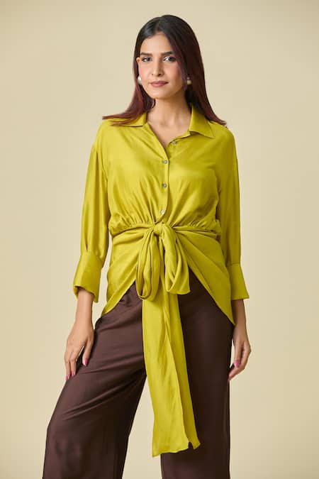 Shop_Shweta Kapoor_Green Collared Asymmetric Draped Shirt _Online_at_Aza_Fashions