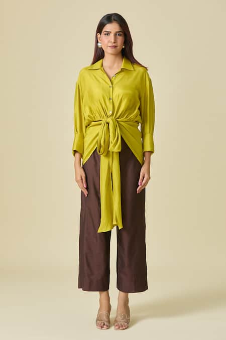 Buy_Shweta Kapoor_Green Collared Asymmetric Draped Shirt 