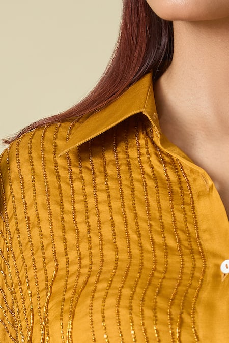 Shweta Kapoor_Brown Beads Collared Embroidered Shirt _Online_at_Aza_Fashions