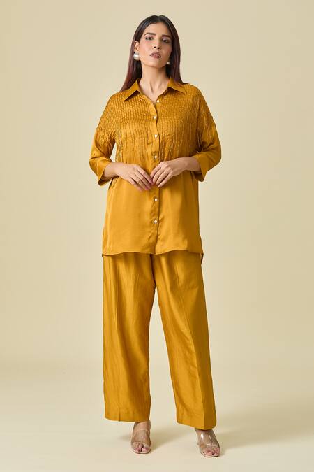 Buy_Shweta Kapoor_Brown Beads Collared Embroidered Shirt _Online_at_Aza_Fashions