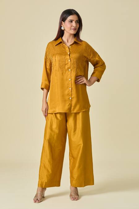 Shop_Shweta Kapoor_Brown Beads Collared Embroidered Shirt _Online_at_Aza_Fashions